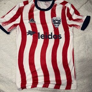 Adidas Mens Small Leidos Red and White Striped D.C. United Soccer Jersey